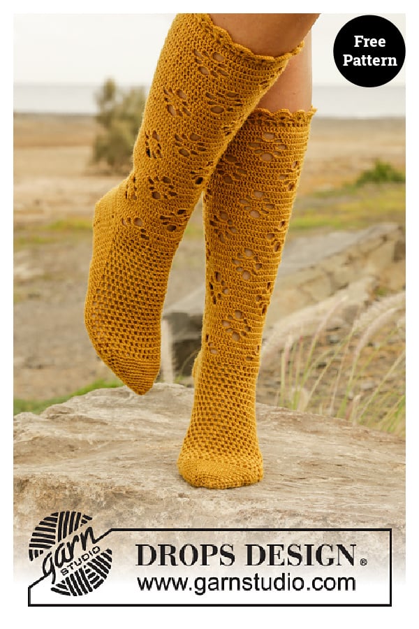 Walking on Sunshine Lace Knee High Socks Free Crochet Pattern