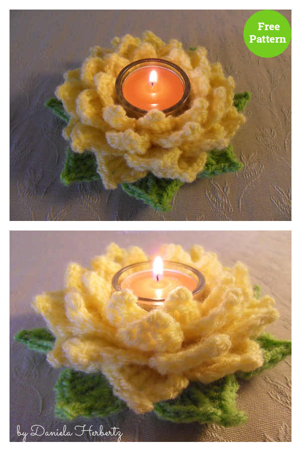 Flower Tealight Lotus Candle Holder Free Crochet Pattern