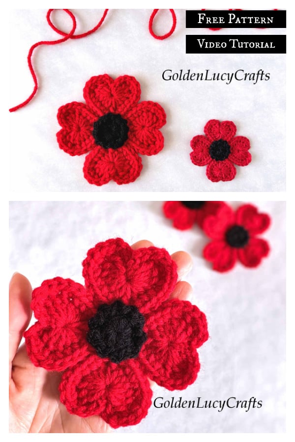 Heart Poppy Flower Free Crochet Pattern and Video Tutorial