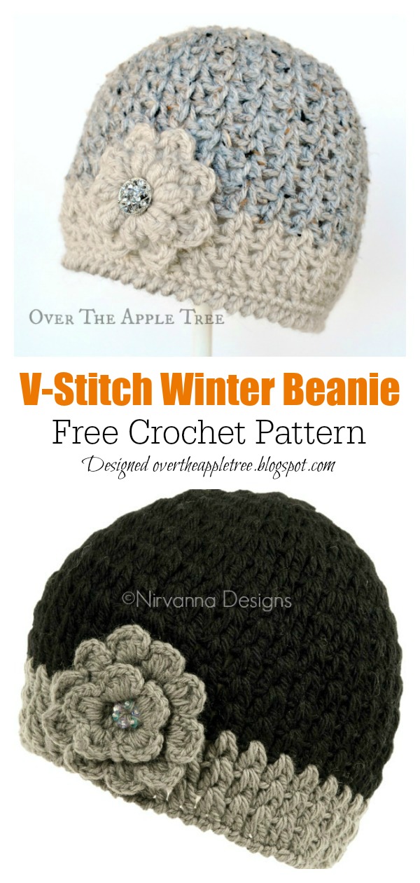 V-Stitch Winter Beanie Hat Free Crochet Pattern