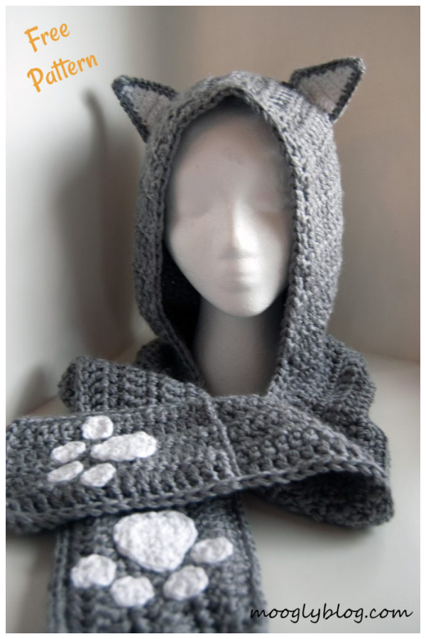 Cat Hooded Scarf with Pockets Free Crochet Pattern 