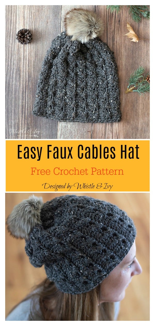 Easy Faux Cables Hat Free Crochet Pattern