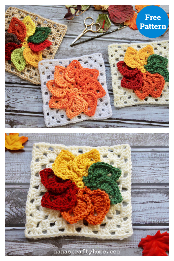 Leaves Granny Square Free Crochet Pattern and Video Tutorial 