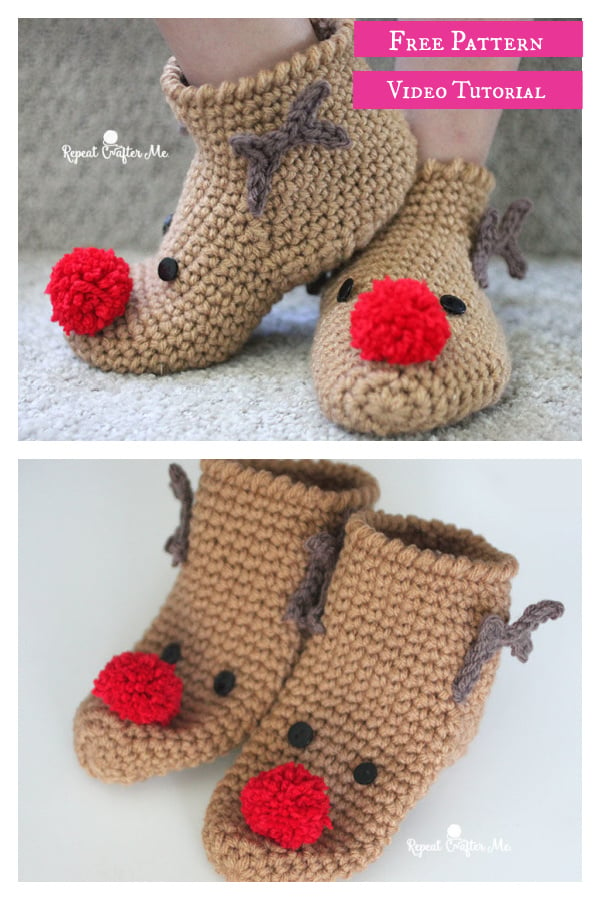 Rudolph Reindeer Slipper Socks Free Crochet Pattern and Video Tutorial