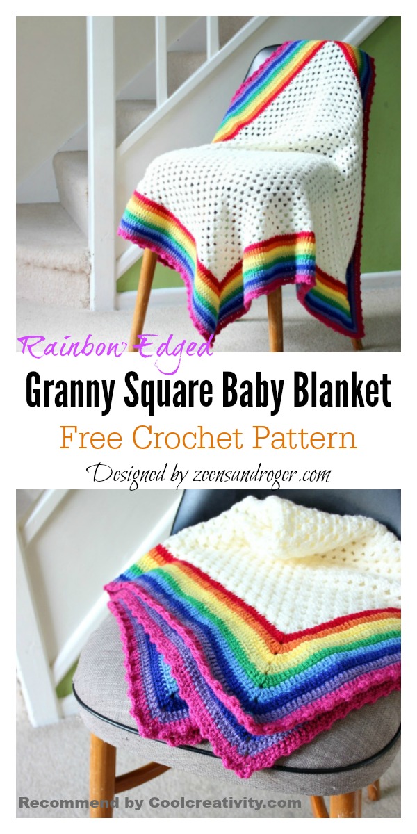 Rainbow Edged Granny Square Baby Blanket Free Crochet Pattern