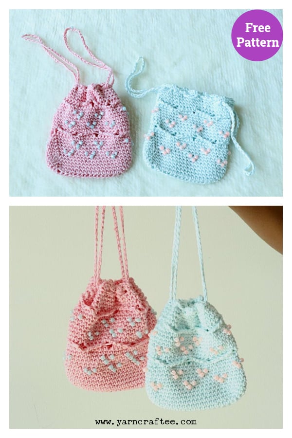 Beaded Mini Drawstring Pouch Bag Free Crochet Pattern 