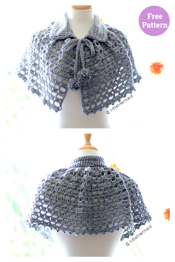 Cape with Collar and Pom Poms Free Crochet Pattern