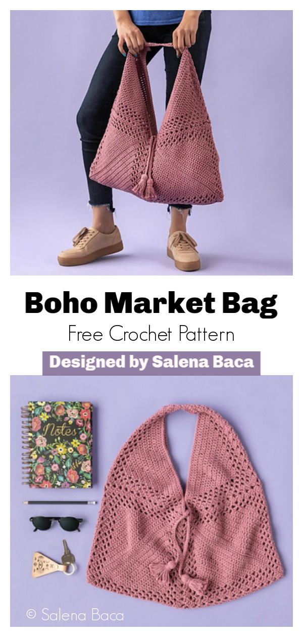 Boho Market Bag Made with 3 Squares Free Crochet Pattern