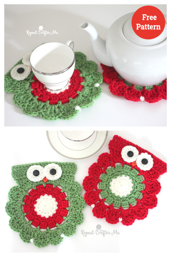 Christmas Owl Coaster Free Crochet Pattern