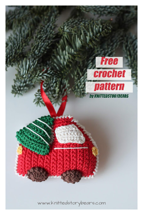 Red Car with Christmas Tree Ornament Free Crochet Pattern