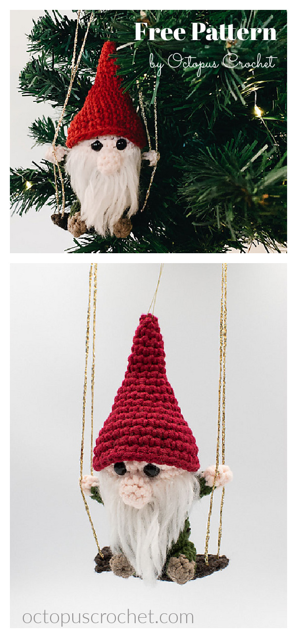 Gnome on a Swing Christmas Tree Ornament Free Crochet Pattern