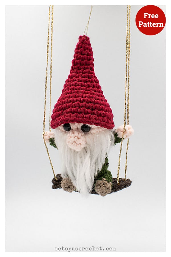 Gnome on a Swing Christmas Tree Ornament Free Crochet Pattern 