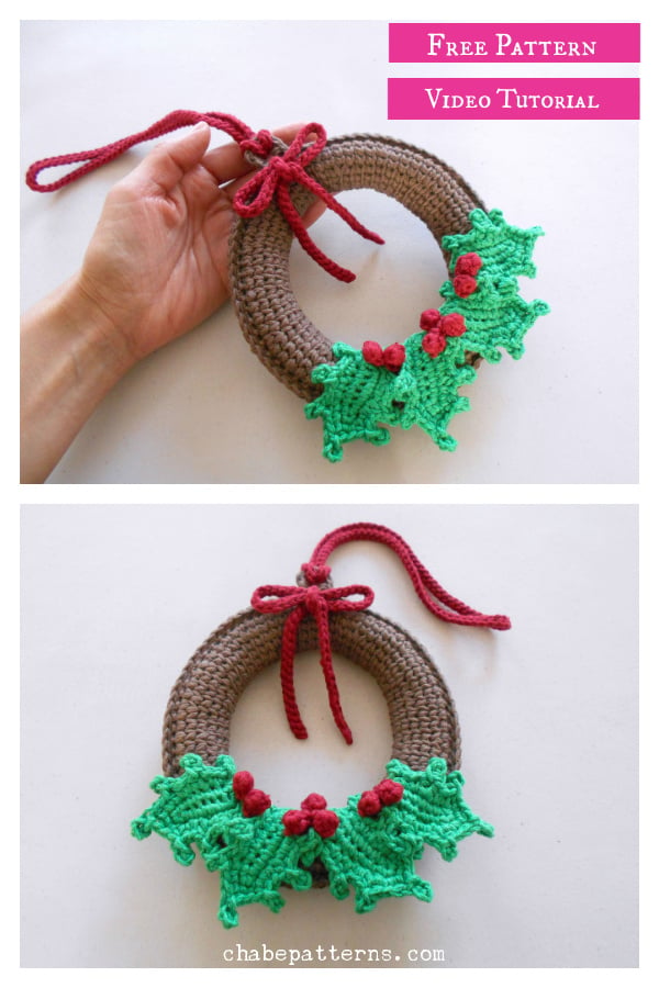 Holly Mini Wreath Free Crochet Pattern and Video Tutorial