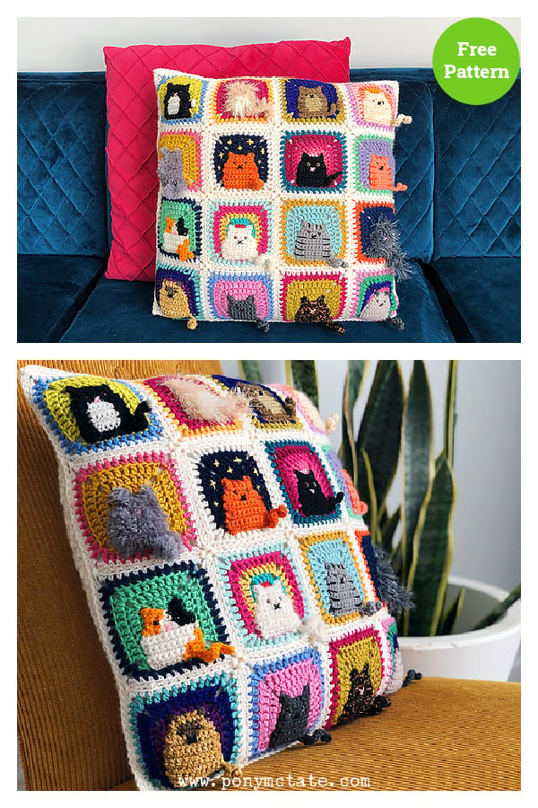 Many Cats Pillow Free Crochet Pattern 