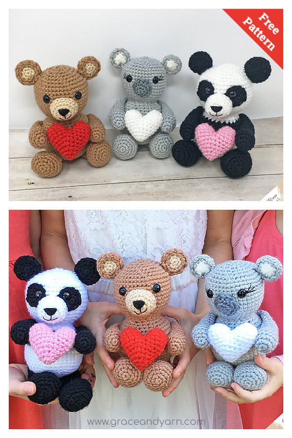Valentine Bear Panda Koala Amigurumi Free Crochet Pattern 