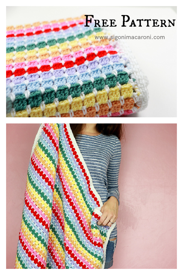 Block Stitch Striped Rainbow Baby Blanket Free Crochet Pattern