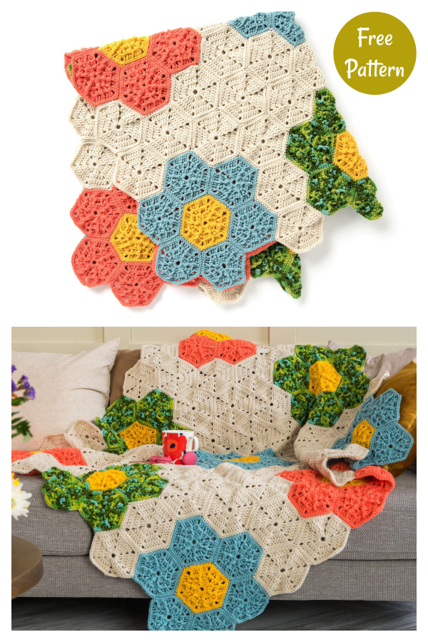 Flower Patch Hexagon Throw Blanket Free Crochet Pattern