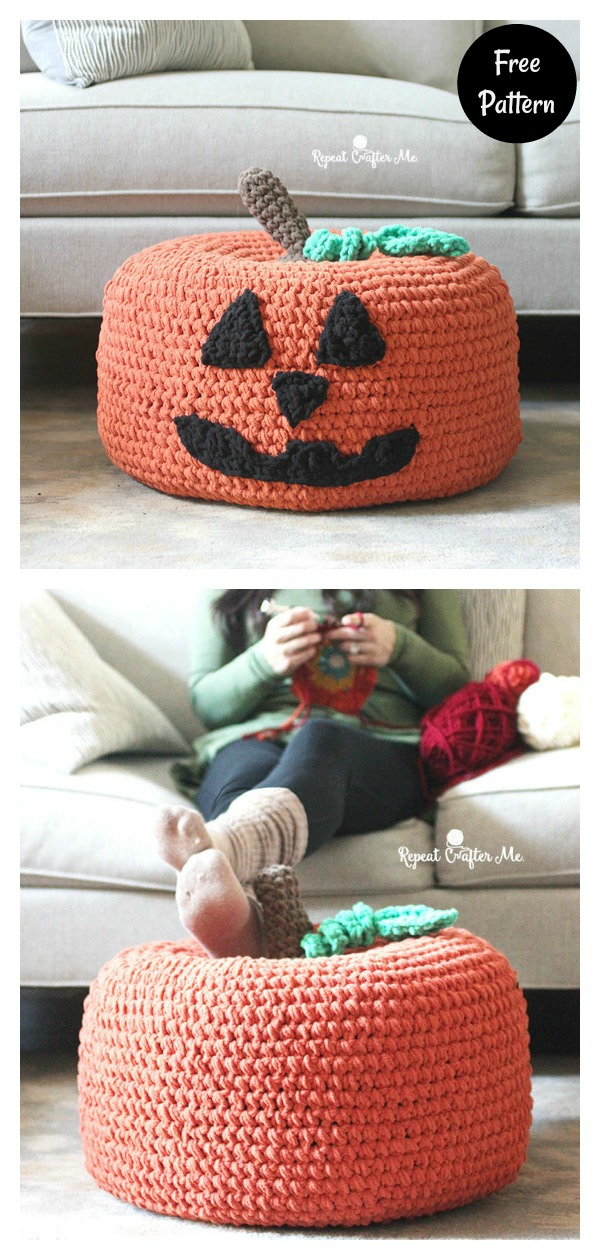 Jack-o-Lantern Pumpkin Floor Pouf Free Crochet Pattern