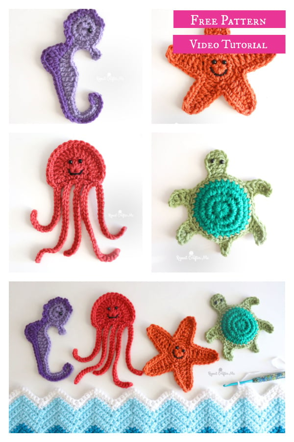 Ocean Starfish Jellyfish Turtle Seahorse Applique Free Crochet Pattern and Video Tutorial 