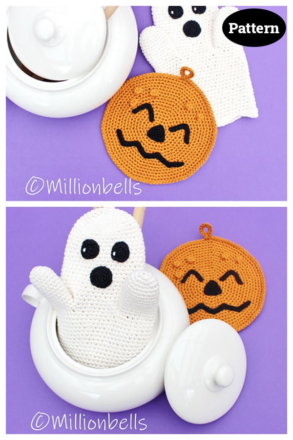 Ghost Oven Mitt & Pumpkin Potholder Crochet Pattern