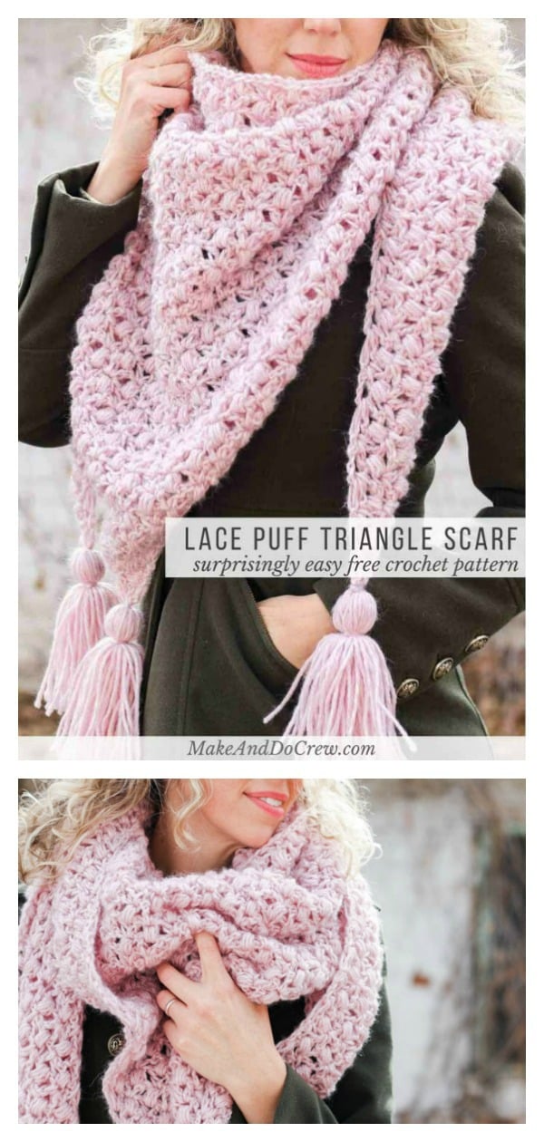 Simple Puff and Lace Triangle Scarf Free Crochet Pattern