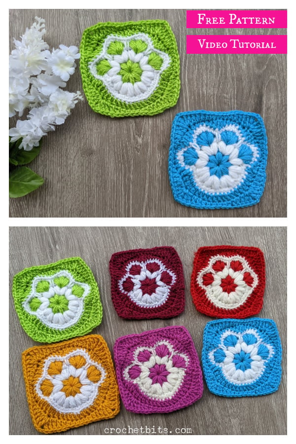 Paw Print Granny Square Free Crochet Pattern and Video Tutorial