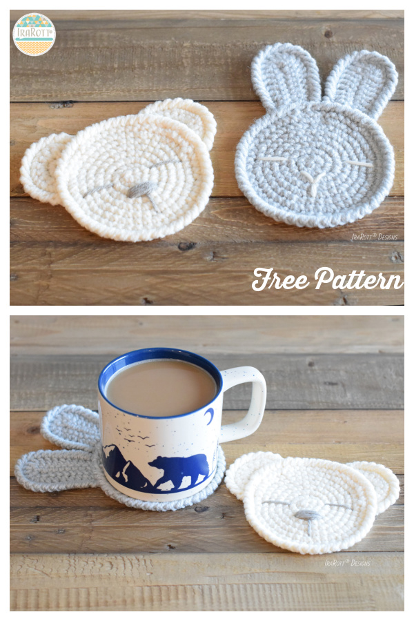 The Sleepy Bunny and Bear Coasters Free Crochet Pattern