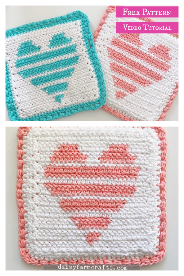 Striped Heart Hot Pad Free Crochet Pattern and Video Tutorial