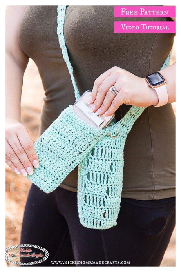 Water Bottle Holder with Phone Pocket Free Crochet Pattern and Video Tutorial