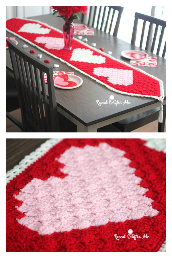 C2C Valentine’s Heart Table Runner Free Crochet Pattern
