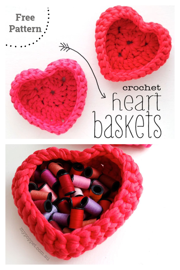 Heart Shaped Storage Baskets Free Crochet Pattern