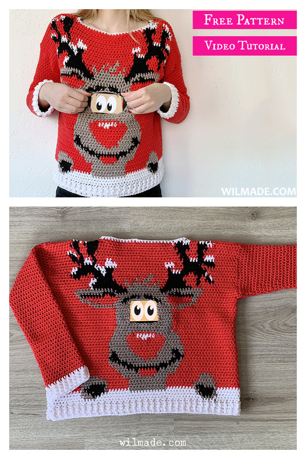 Reindeer Christmas Sweater Free Crochet Pattern and Video Tutorial