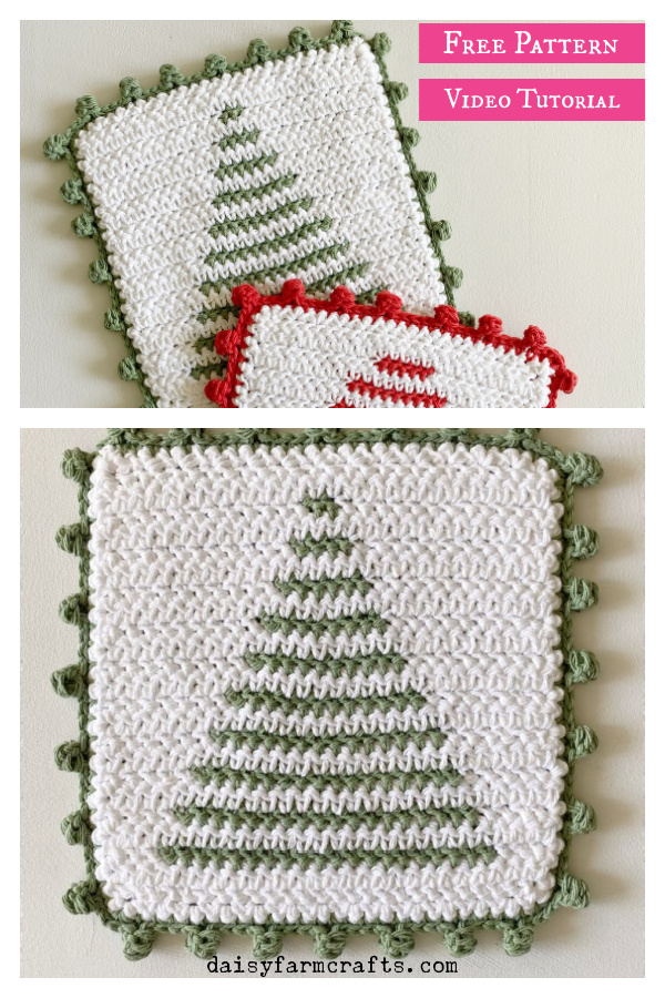 Tree Stripe Hot Pad with Dot Border Free Crochet Pattern and Video Tutorial