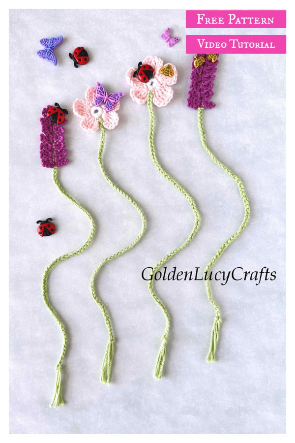 Lavender and Cherry Blossom Flower Bookmark Free Crochet Pattern and Video Tutorial