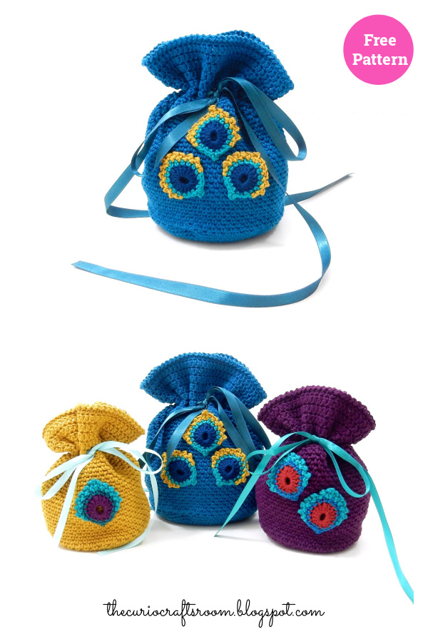 Gift Pouch with Peacock Feathers Free Crochet Pattern