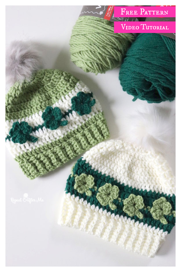 St. Patrick's Day Shamrocks in a row Hat Free Crochet Pattern and Video Tutorial