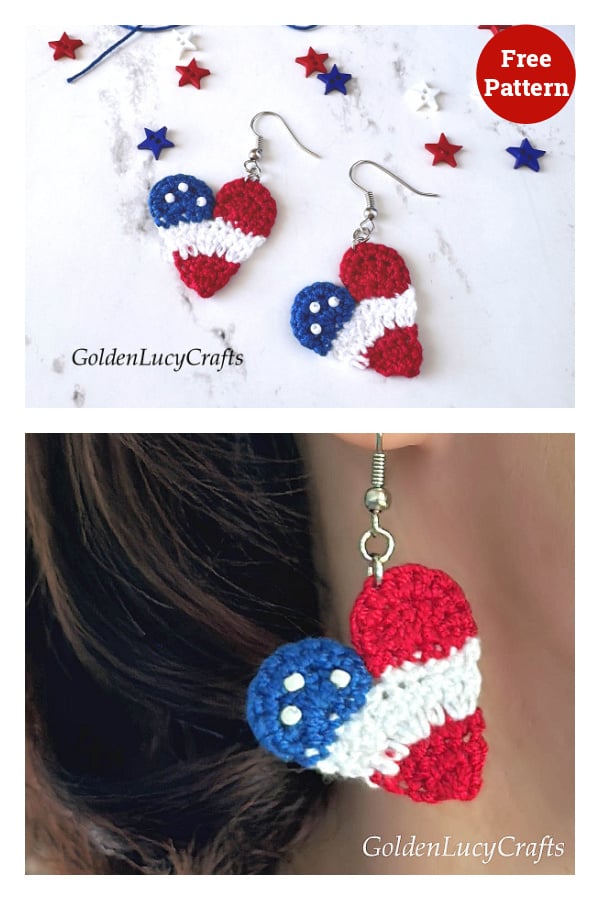 Patriotic Heart Earrings Free Crochet Pattern