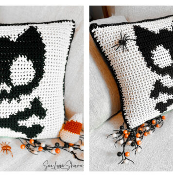 Halloween Cat Skull Pillow Free Crochet Pattern