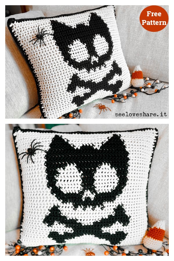 Halloween Cat Skull Pillow Free Crochet Pattern 