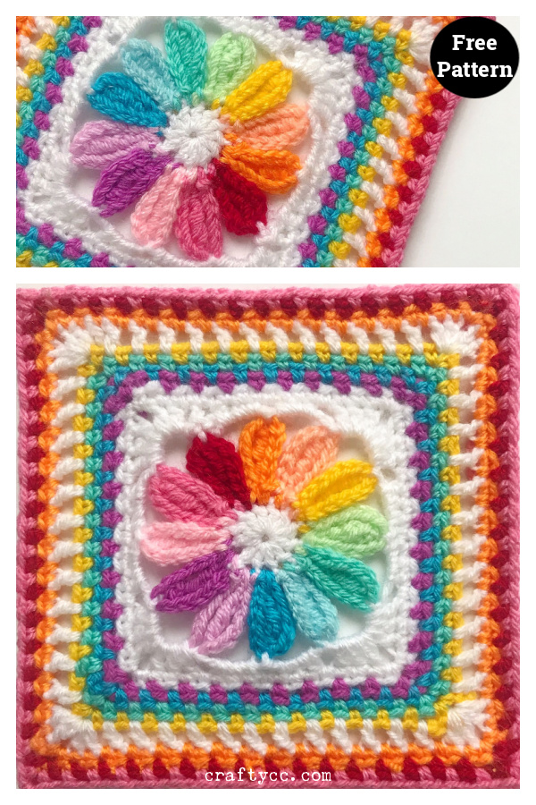 Rainbow Pinwheel Flower Square Free Crochet Pattern