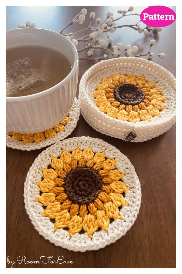 Golden Sunflower Coaster and Holder Crochet Pattern