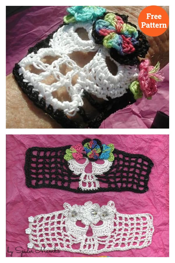 Hybiscus Day Of the Dead Skull Bracelet Free Crochet Pattern