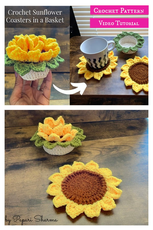 Sunflower Coasters in Basket Crochet Pattern and Video Tutorial