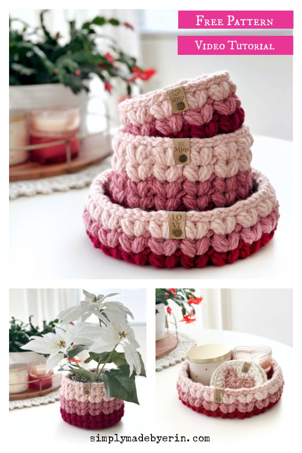 Puffy Heart Basket Free Crochet Pattern and Video Tutorial