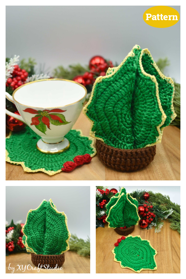 Holly Christmas Tree Coaster Set Crochet Pattern