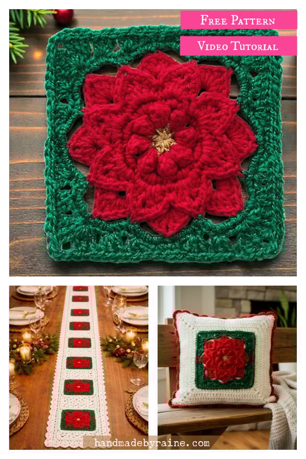 Poinsettia Square Free Crochet Pattern and Video Tutorial