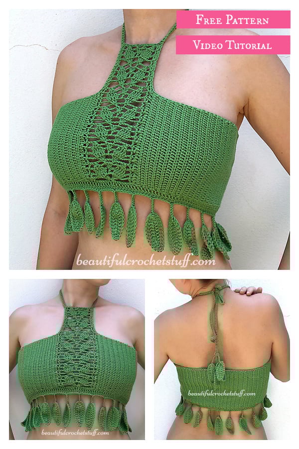 Crop Halter Leaves Top Free Crochet Pattern and Video Tutorial