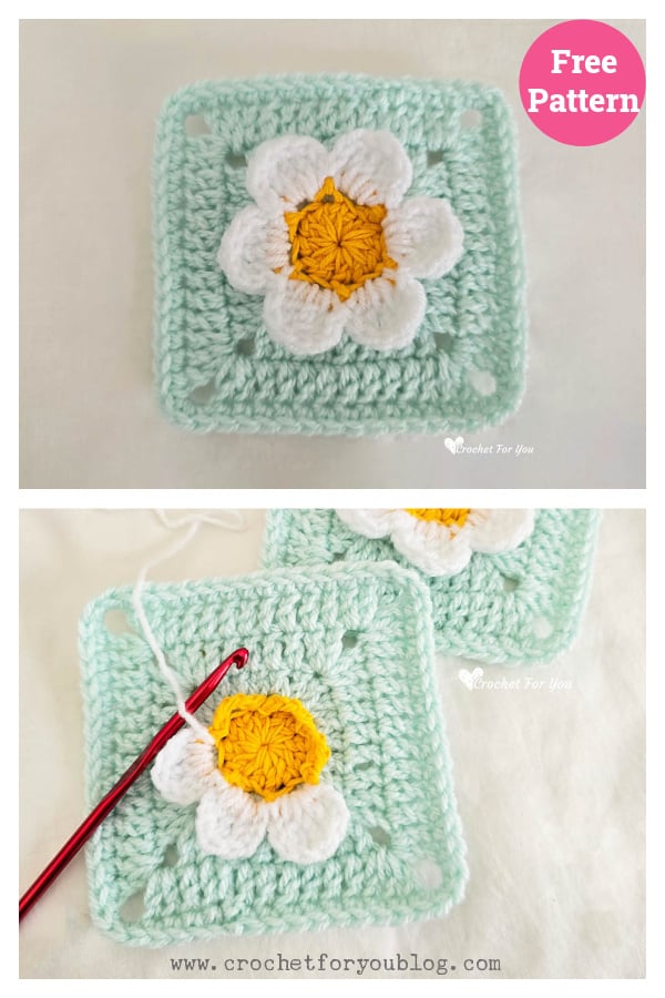 Granny Square with 3D Flower Free Crochet Pattern