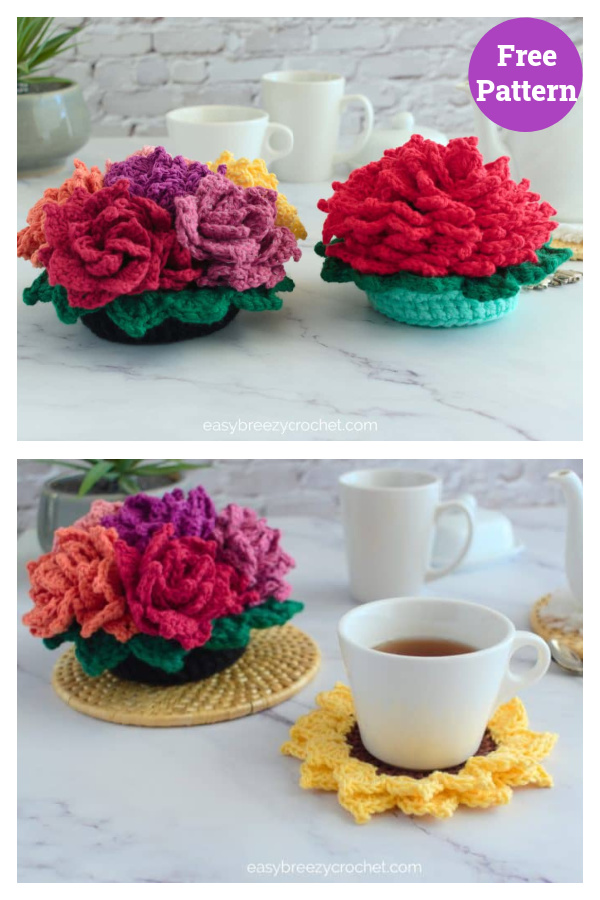 Sunflower Coasters in a Pot Free Crochet Pattern