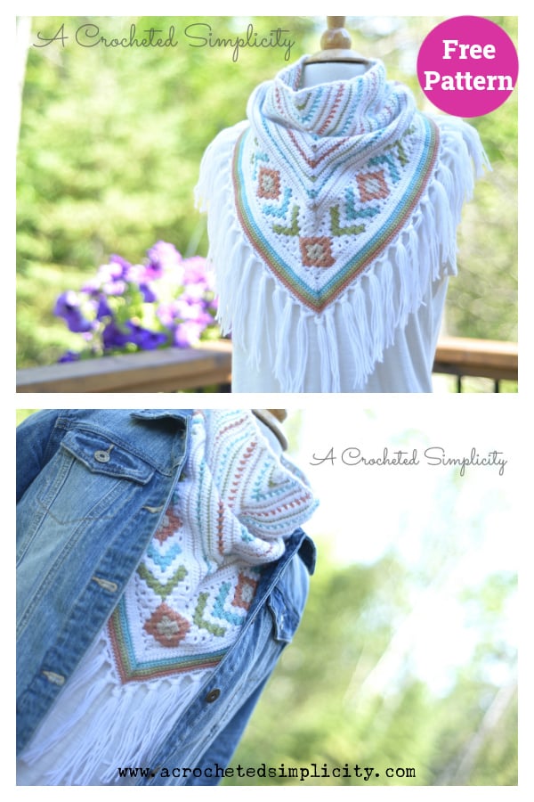Boho Chic Mosaic Triangular Scarf Free Crochet Pattern